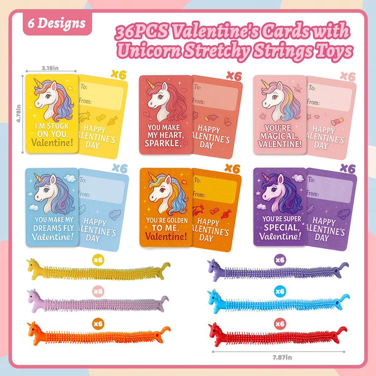 ZLQWE 36Pcs Unicorn Valentine Gift Cards & Sensory Stretch Toys