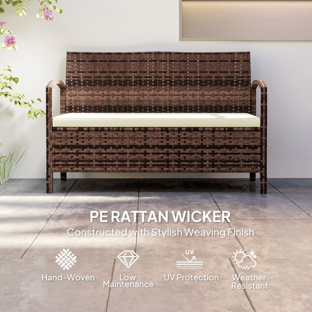 Outsunny Rattan Garden Bench w/ 125L Storage, Cushioned Outdoor Bench