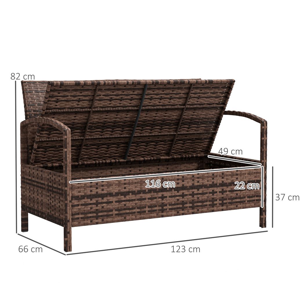 Outsunny Rattan Garden Bench w/ 125L Storage, Cushioned Outdoor Bench