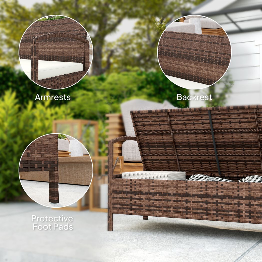 Outsunny Rattan Garden Bench w/ 125L Storage, Cushioned Outdoor Bench