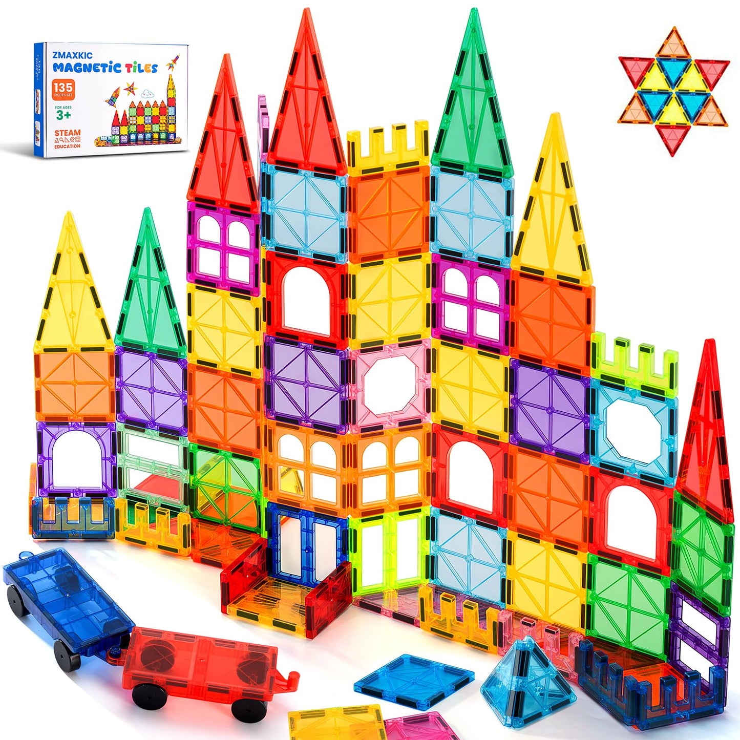 ZMAXKIC Magnetic Tiles - 135Pcs with 2 Cars | STEM Building Toy for Kids