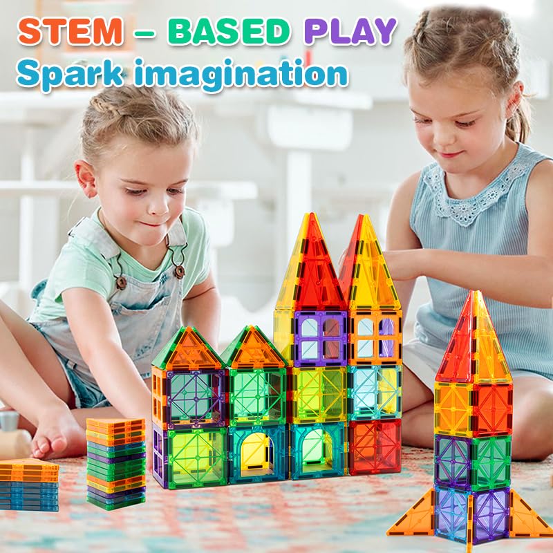 ZMAXKIC Magnetic Tiles - 135Pcs with 2 Cars | STEM Building Toy for Kids