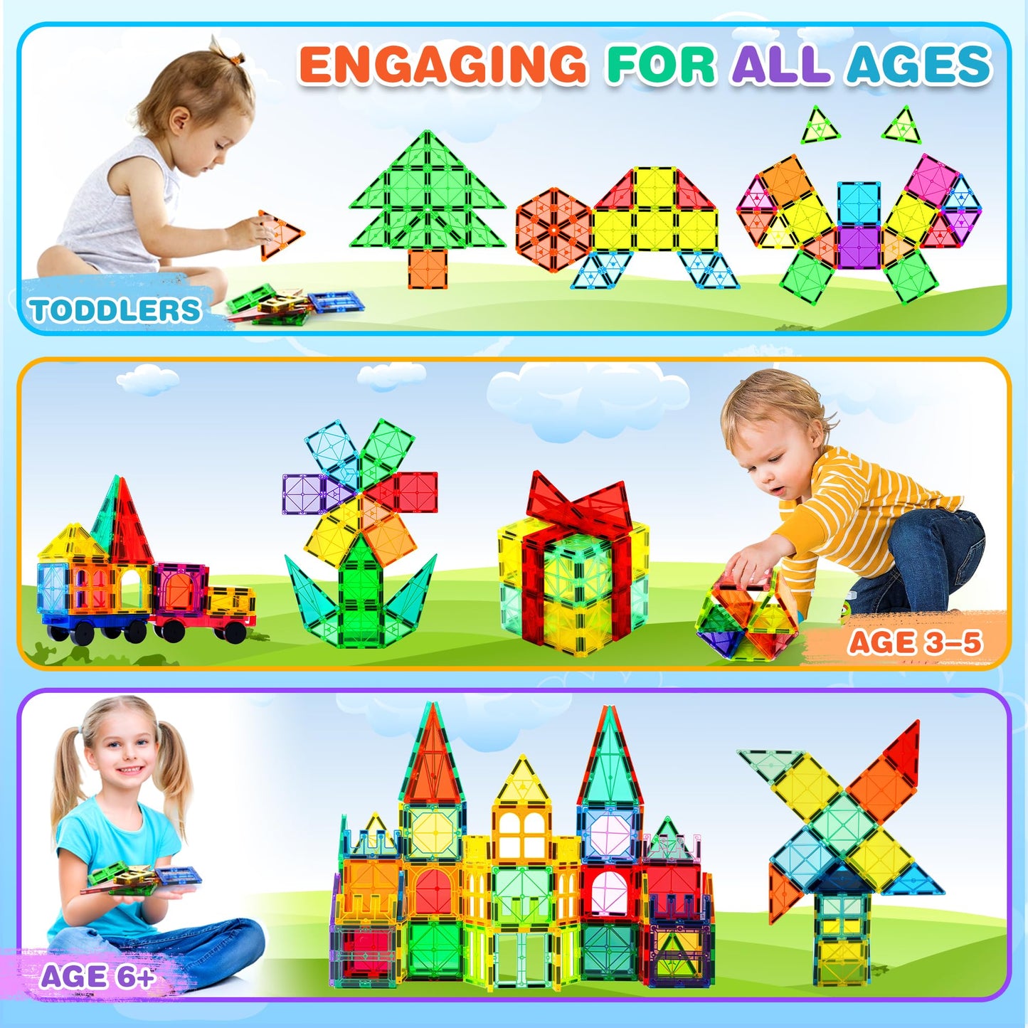 ZMAXKIC Magnetic Tiles - 135Pcs with 2 Cars | STEM Building Toy for Kids