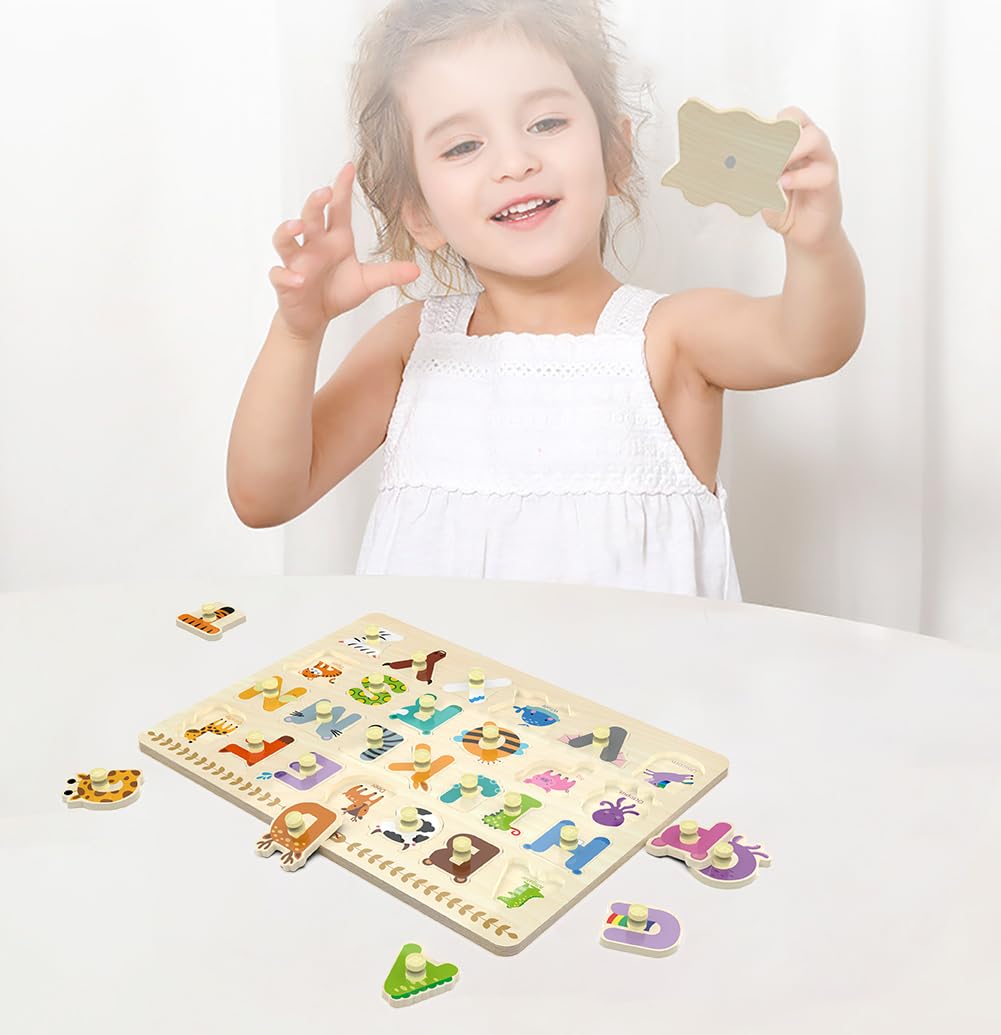 Z MAYABBO Wooden Alphabet Peg Puzzle – 26 Letters with Pictures