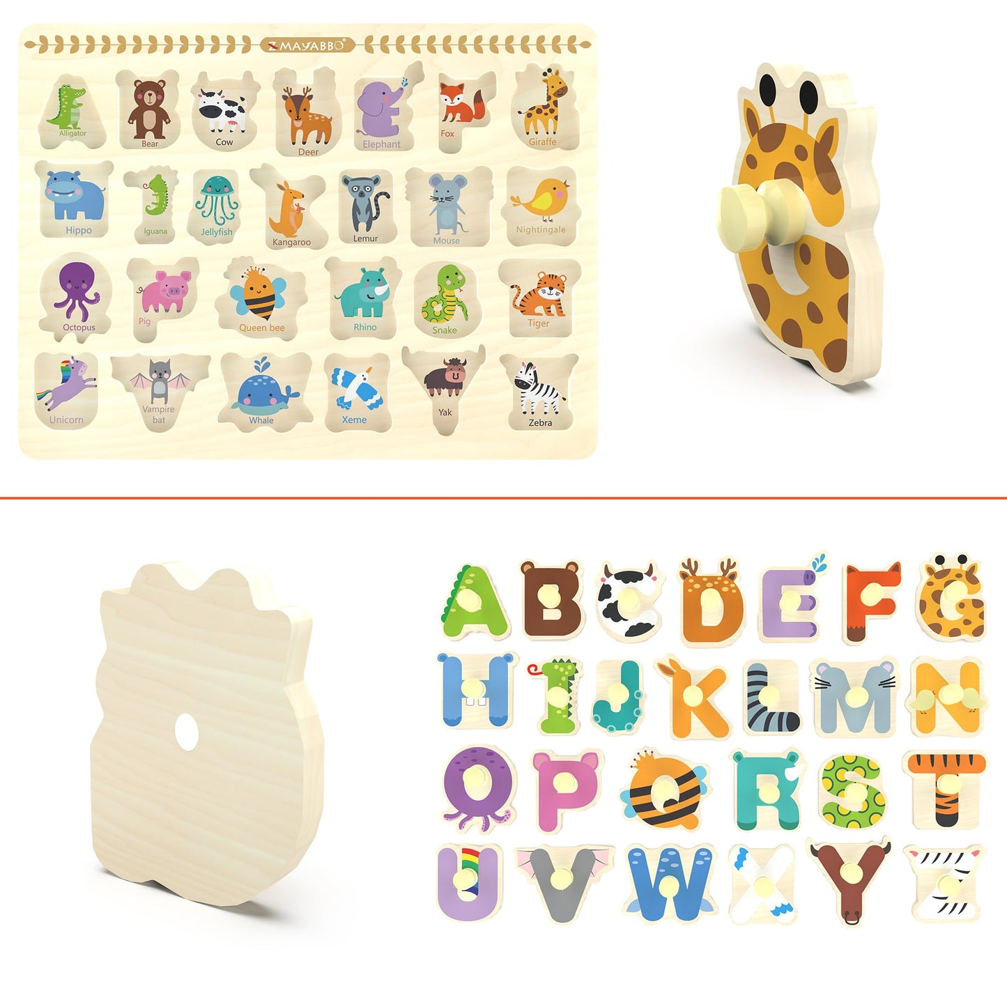 Z MAYABBO Wooden Alphabet Peg Puzzle – 26 Letters with Pictures
