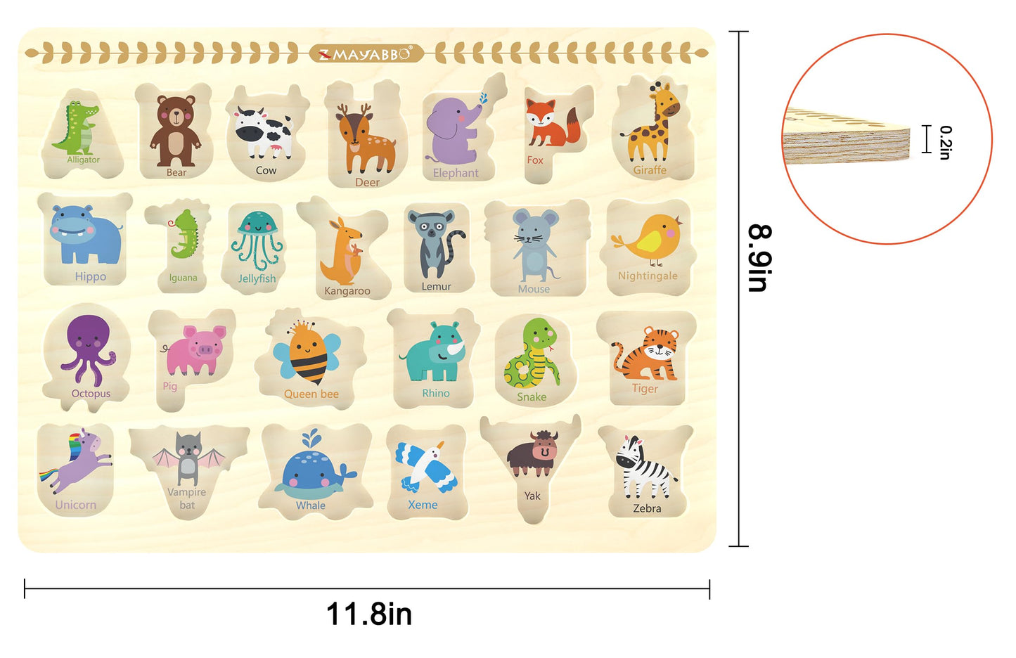 Z MAYABBO Wooden Alphabet Peg Puzzle – 26 Letters with Pictures