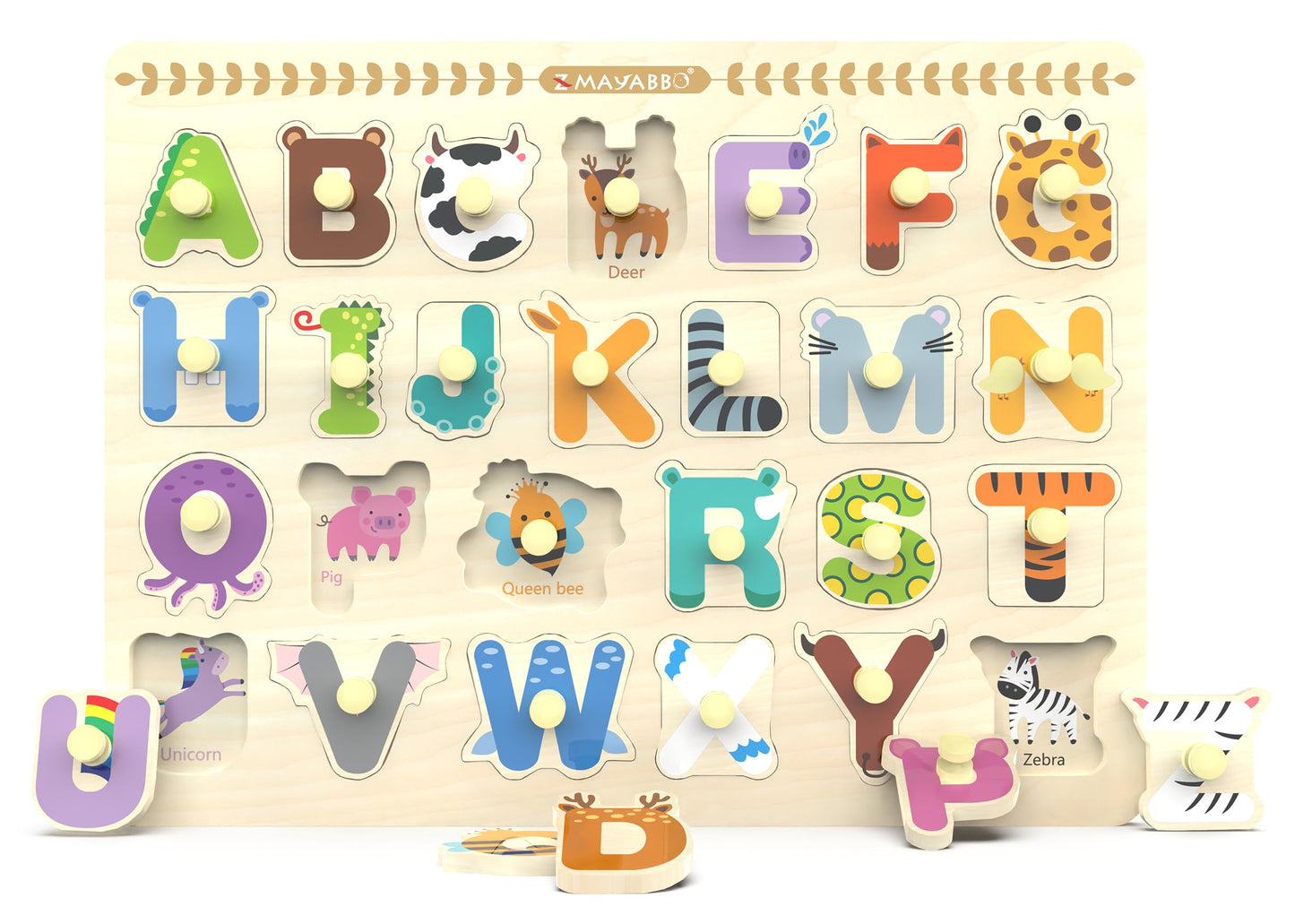 Z MAYABBO Wooden Alphabet Peg Puzzle – 26 Letters with Pictures