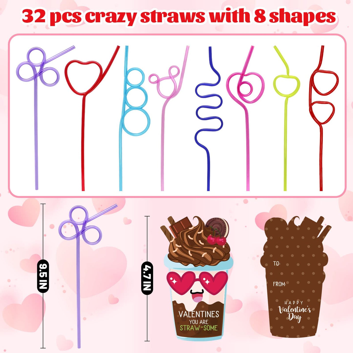 ZMCINER 32-Pack Valentines Day Cards for Kids with Crazy Straws – Classroom Exchange & Party Favors