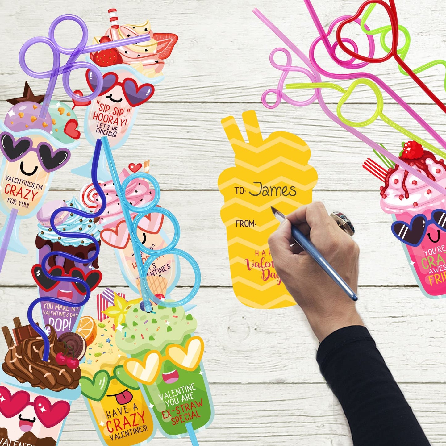 ZMCINER 32-Pack Valentines Day Cards for Kids with Crazy Straws – Classroom Exchange & Party Favors