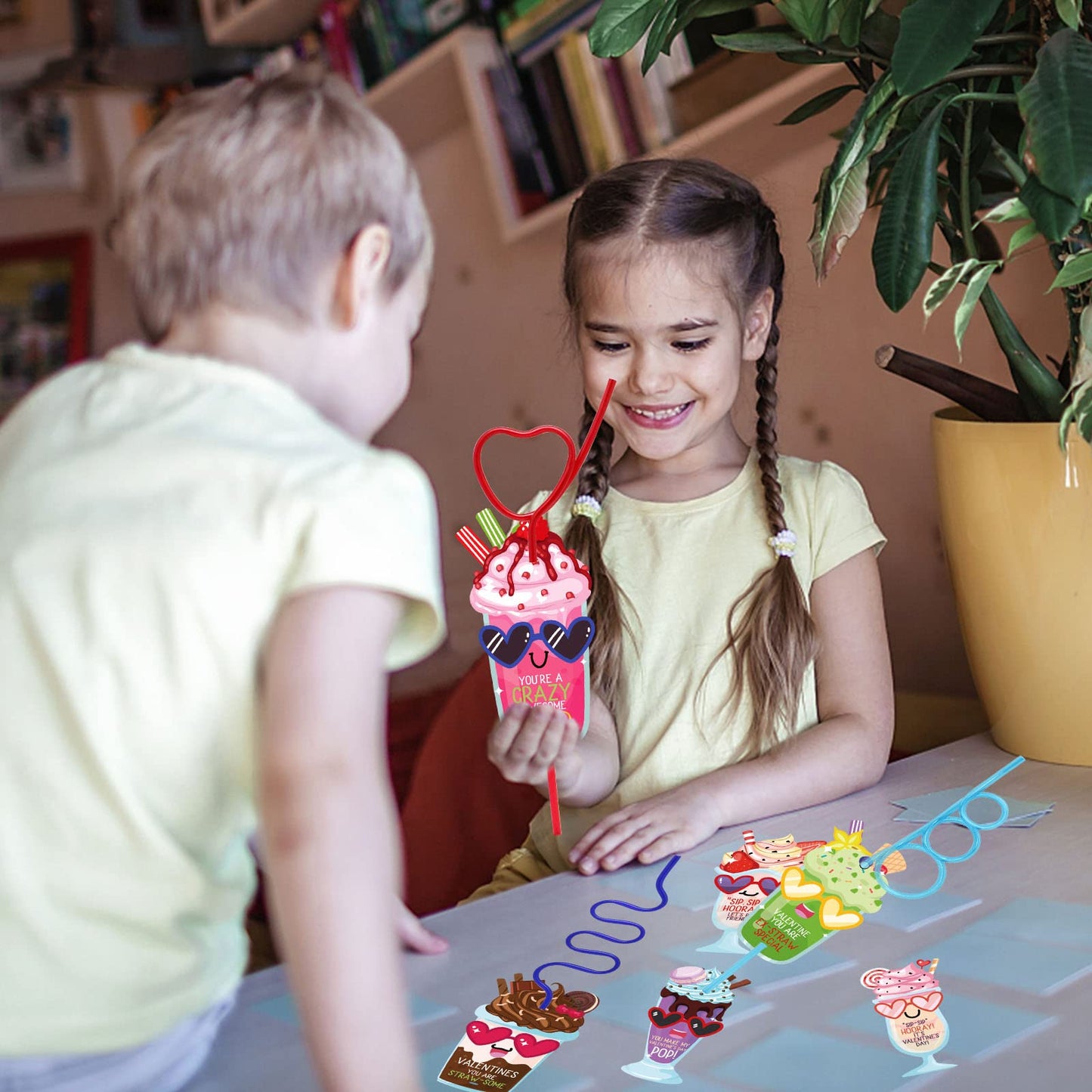 ZMCINER 32-Pack Valentines Day Cards for Kids with Crazy Straws – Classroom Exchange & Party Favors