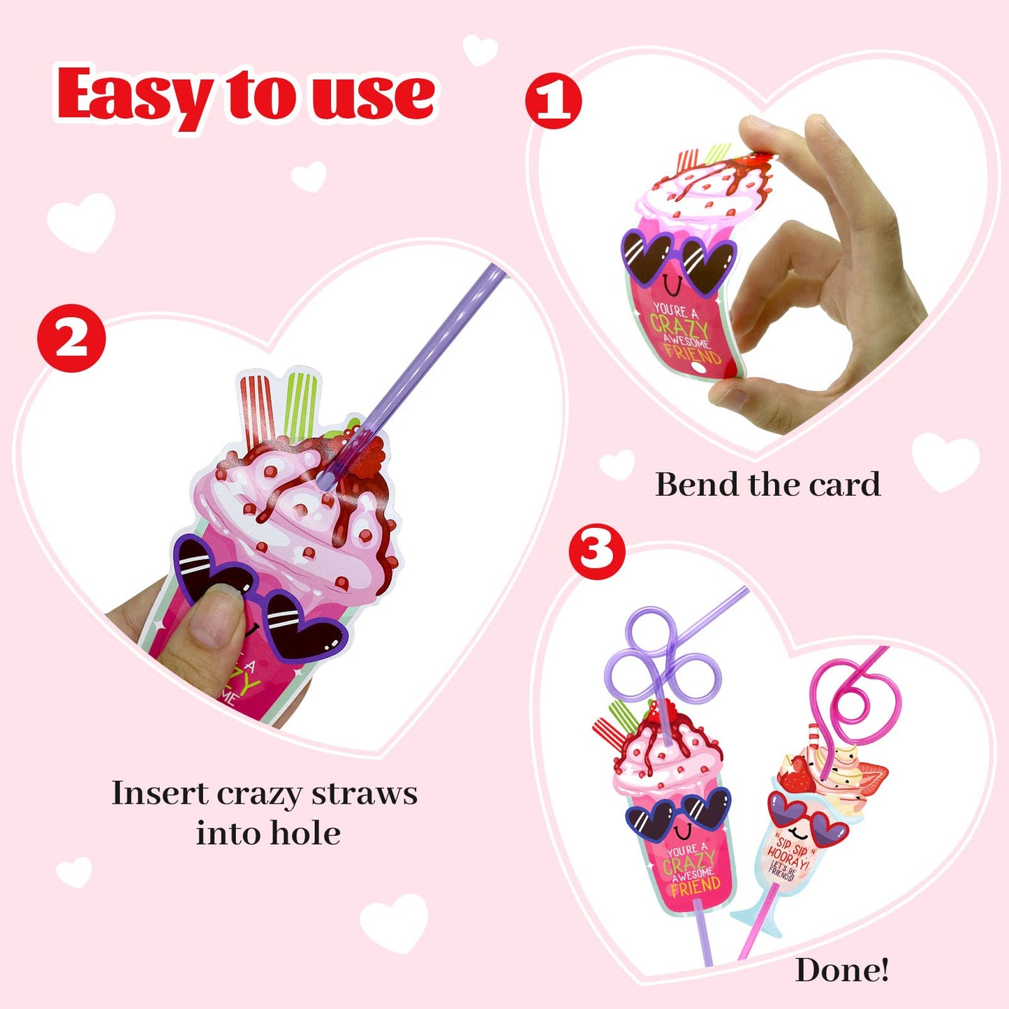 ZMCINER 32-Pack Valentines Day Cards for Kids with Crazy Straws – Classroom Exchange & Party Favors
