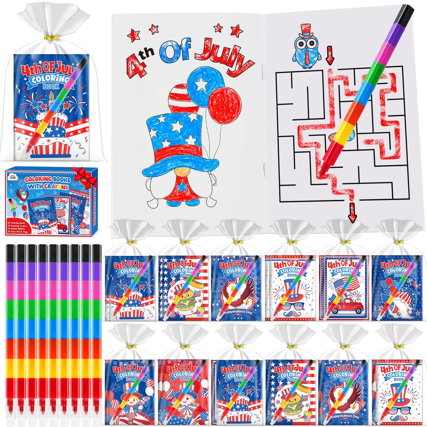 ZMLM 24-Pack 4th of July Coloring Books with Crayons — Bulk Party Favors for Kids 4-8