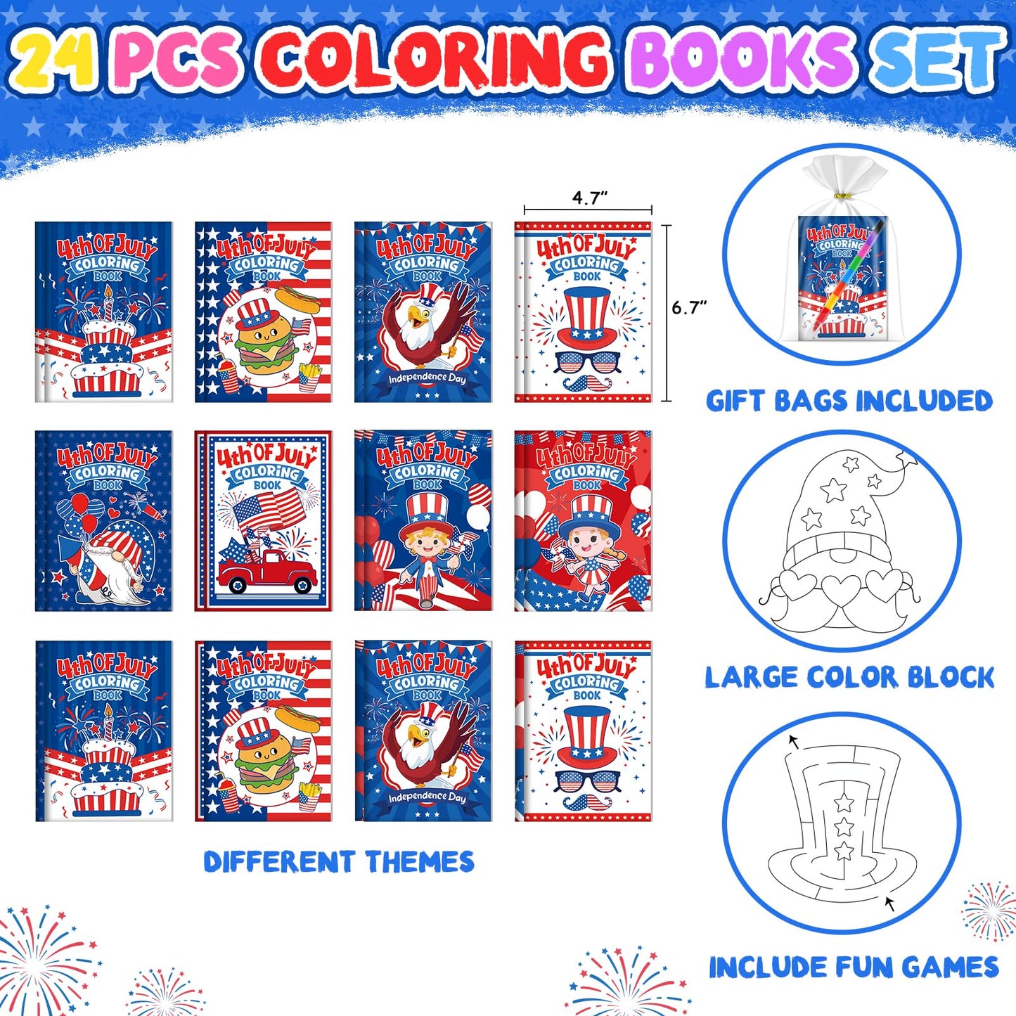 ZMLM 24-Pack 4th of July Coloring Books with Crayons — Bulk Party Favors for Kids 4-8
