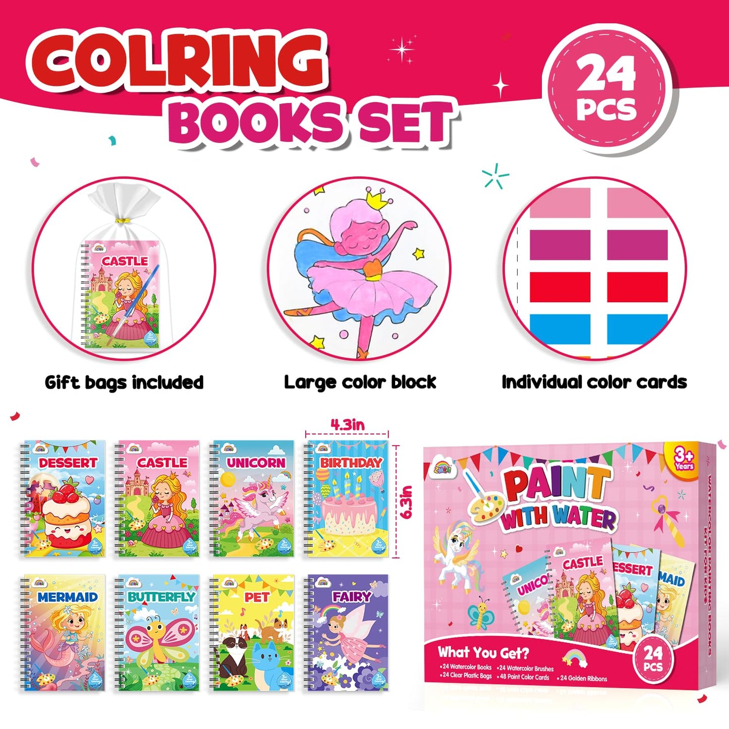 ZMLM 24 Mini Water Coloring Books for Kids - Bulk Party Favors (Ages 4-8)