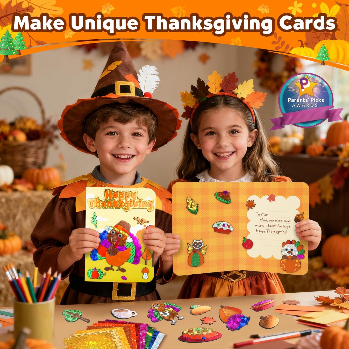 ZMLM Foil Art Kit for Kids – Thanksgiving Cards, No-Mess Craft with Envelopes & Stickers