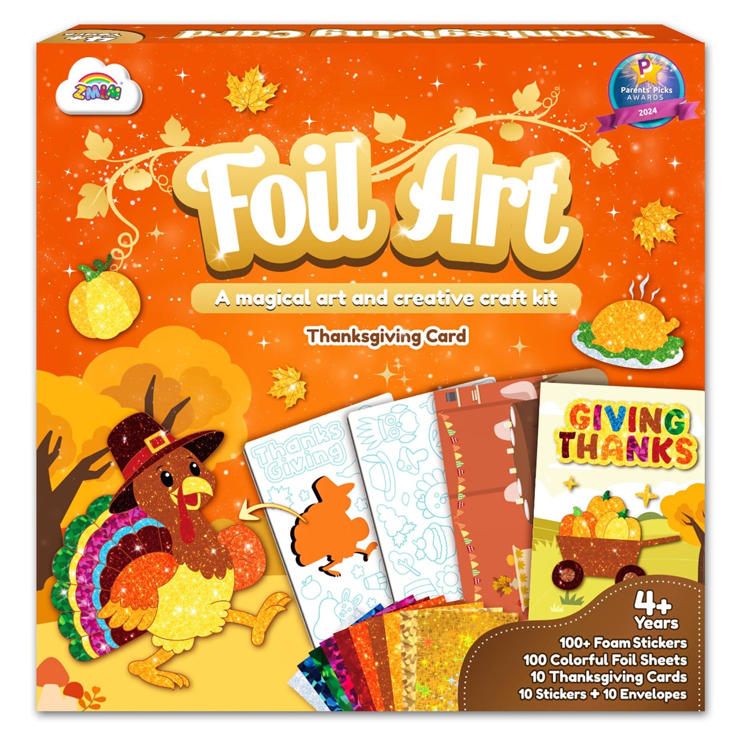 ZMLM Foil Art Kit for Kids – Thanksgiving Cards, No-Mess Craft with Envelopes & Stickers