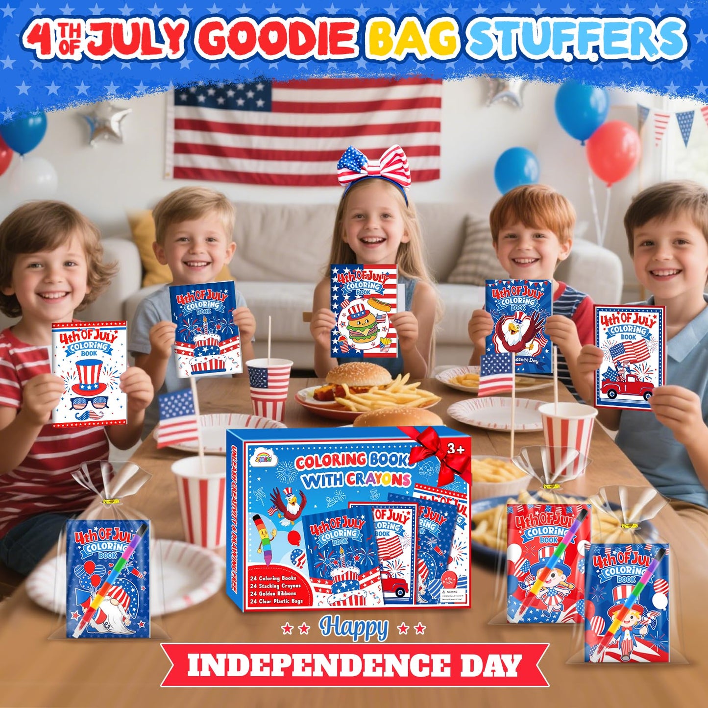 ZMLM 24-Pack 4th of July Coloring Books with Crayons — Bulk Party Favors for Kids 4-8