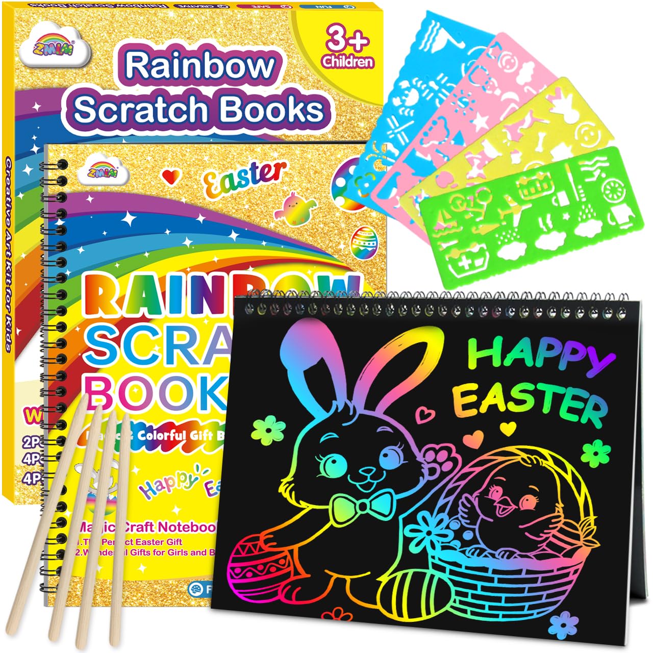 ZMLM Rainbow Scratch Notebooks – 2 Pack Easter Gift Set for Kids (Ages 3–12)