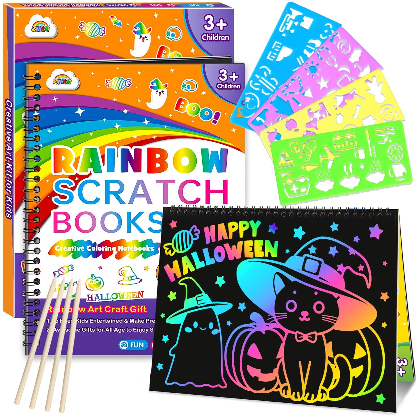 ZMLM Rainbow Scratch Paper Art Set — 2-Pack Kids Scratch Craft Kit with Stencils & Styluses