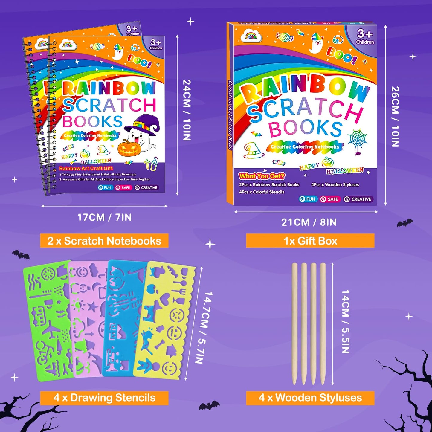 ZMLM Rainbow Scratch Paper Art Set — 2-Pack Kids Scratch Craft Kit with Stencils & Styluses