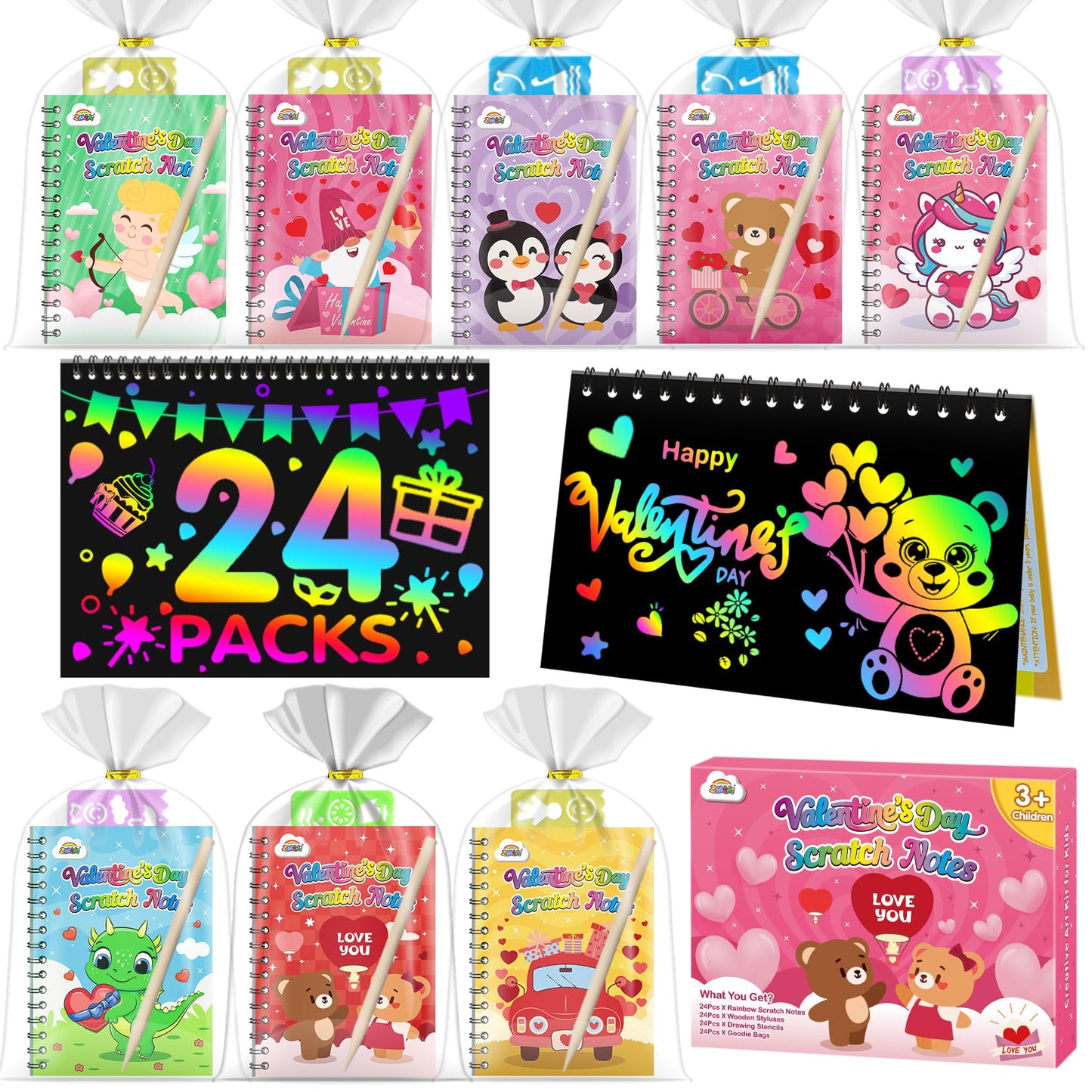 ZMLM 24-Pack Scratch Rainbow Art Notebooks – Valentines Day Classroom Gifts