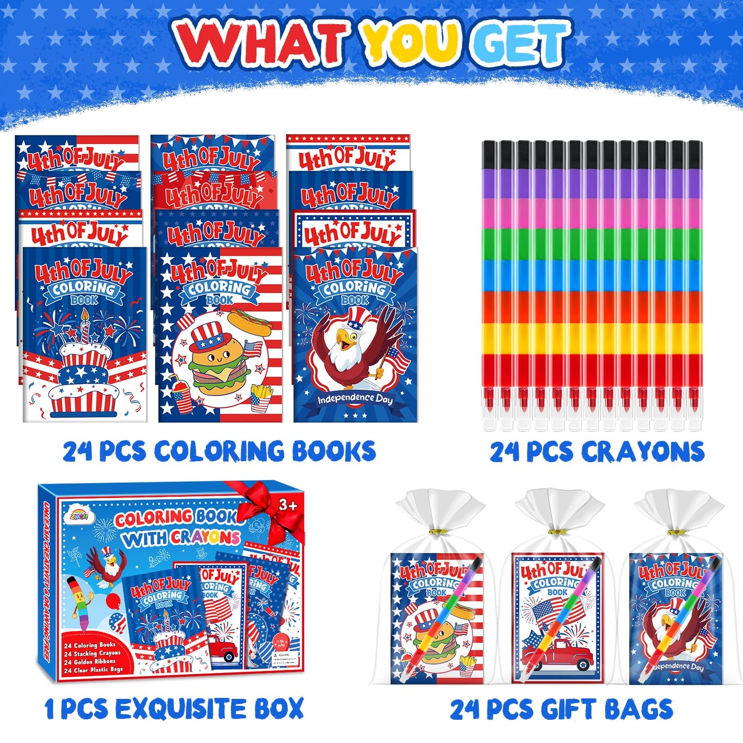 ZMLM 24-Pack 4th of July Coloring Books with Crayons — Bulk Party Favors for Kids 4-8