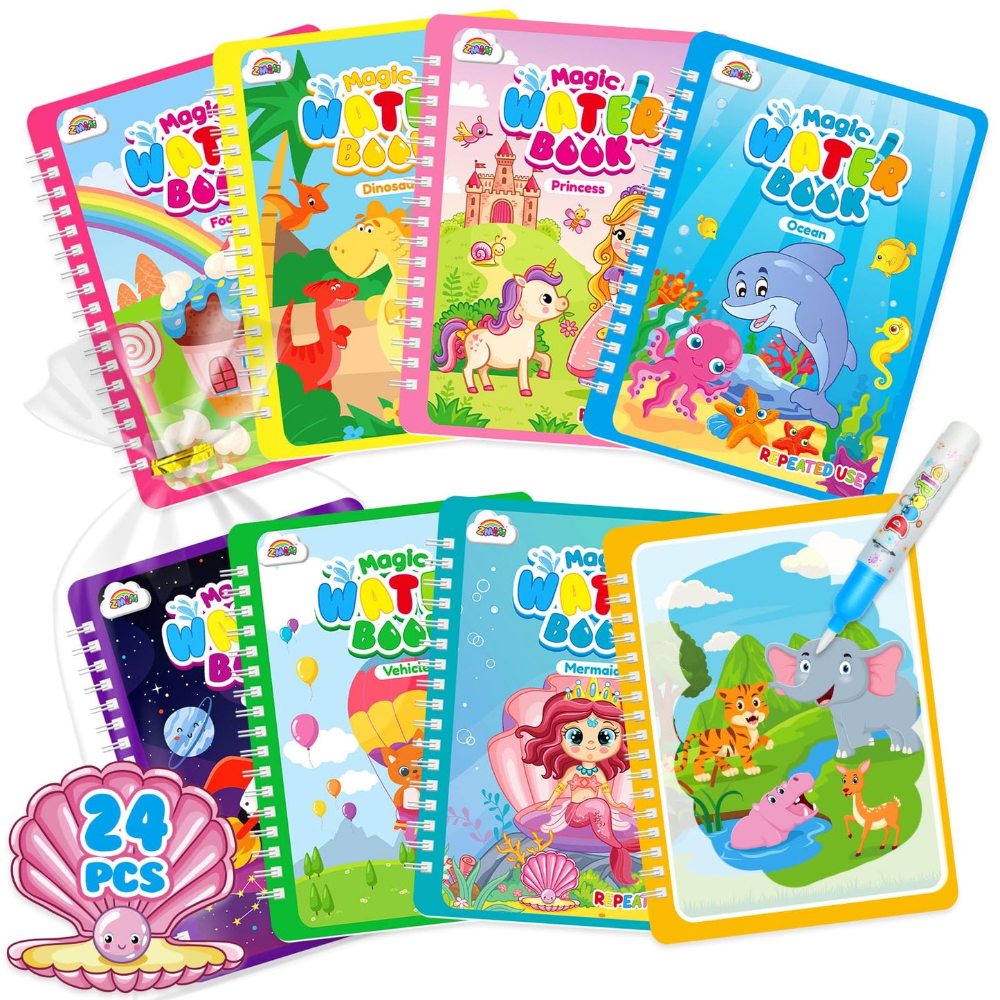 ZMLM 24 Pack Water Coloring Book for Toddlers – Mess-Free, Reusable Water Painting Set