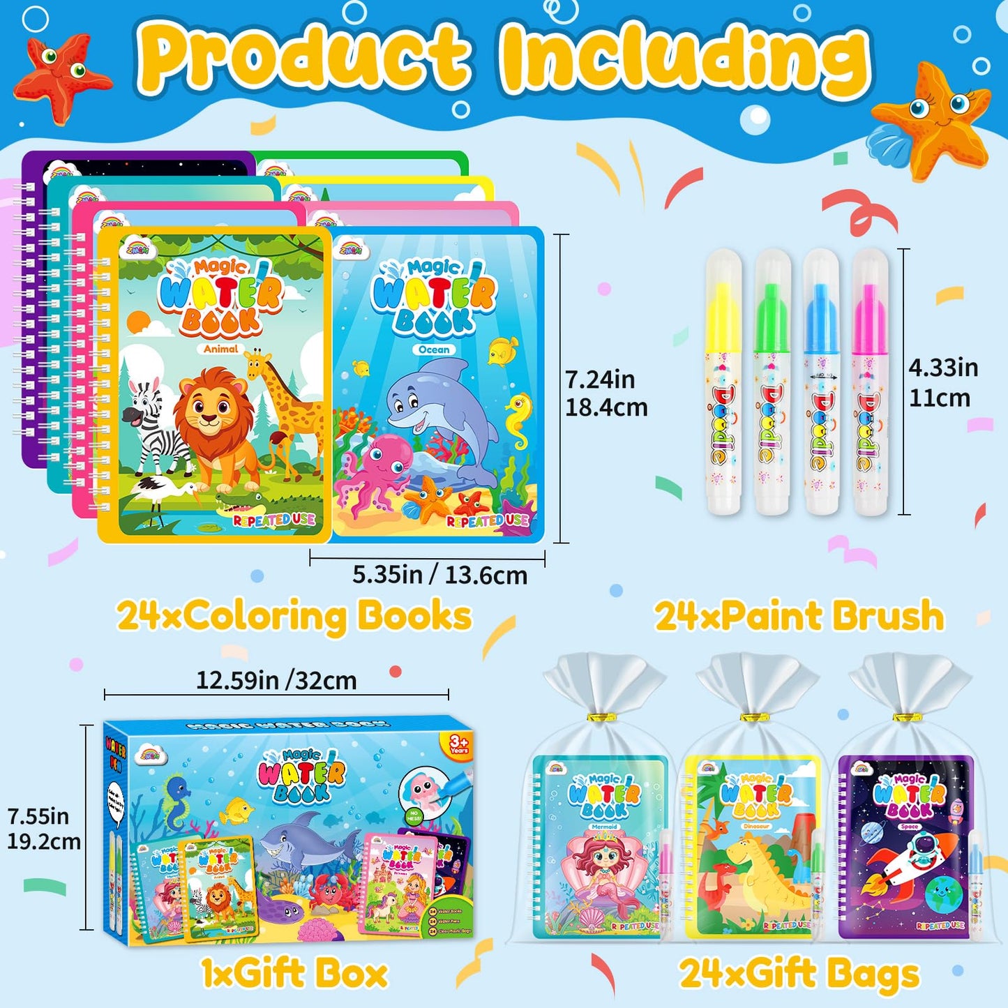ZMLM 24 Pack Water Coloring Book for Toddlers – Mess-Free, Reusable Water Painting Set