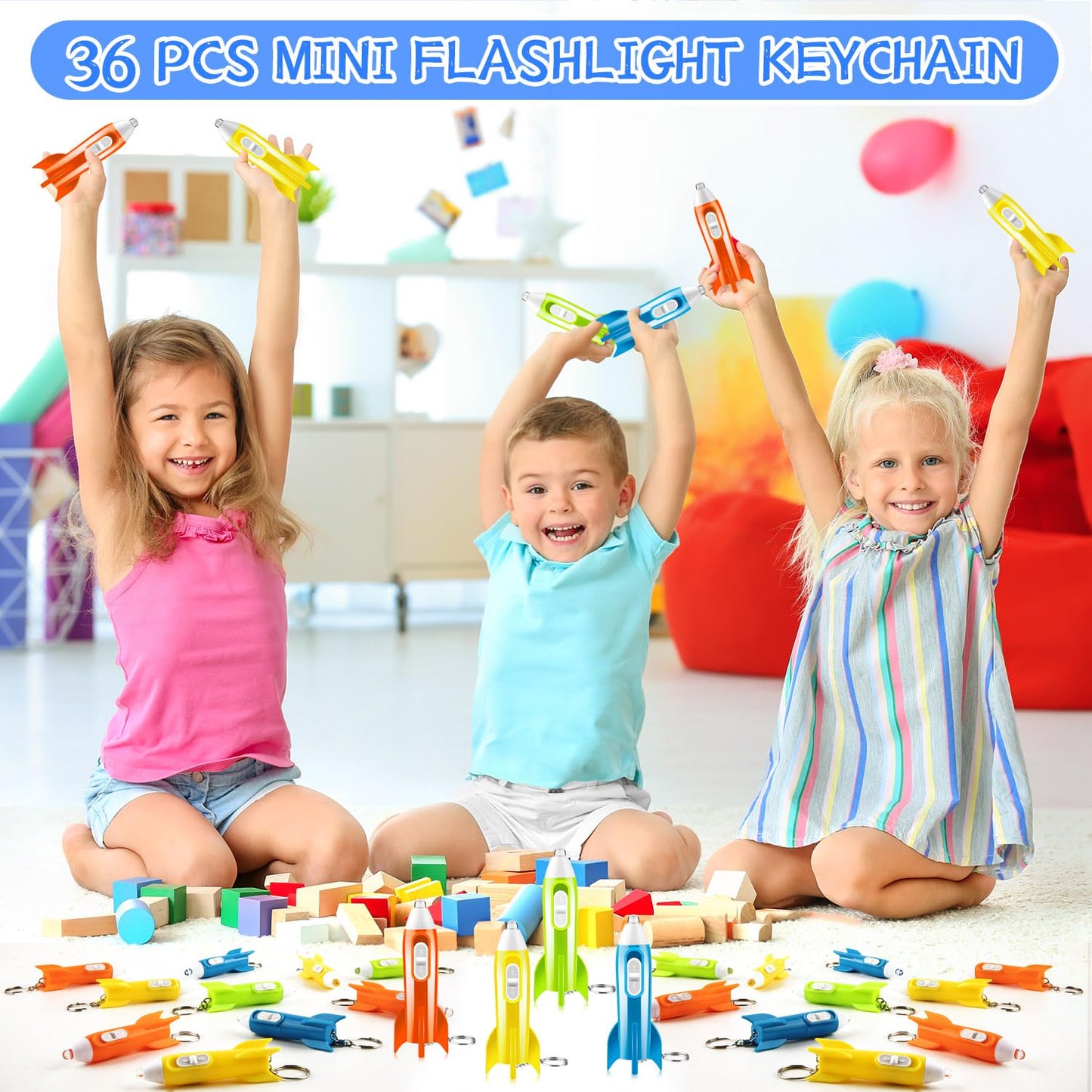 ZMLTLMG 36 Pcs Mini Rocket Keychains – 4-Color LED Flashlights for Party Favors