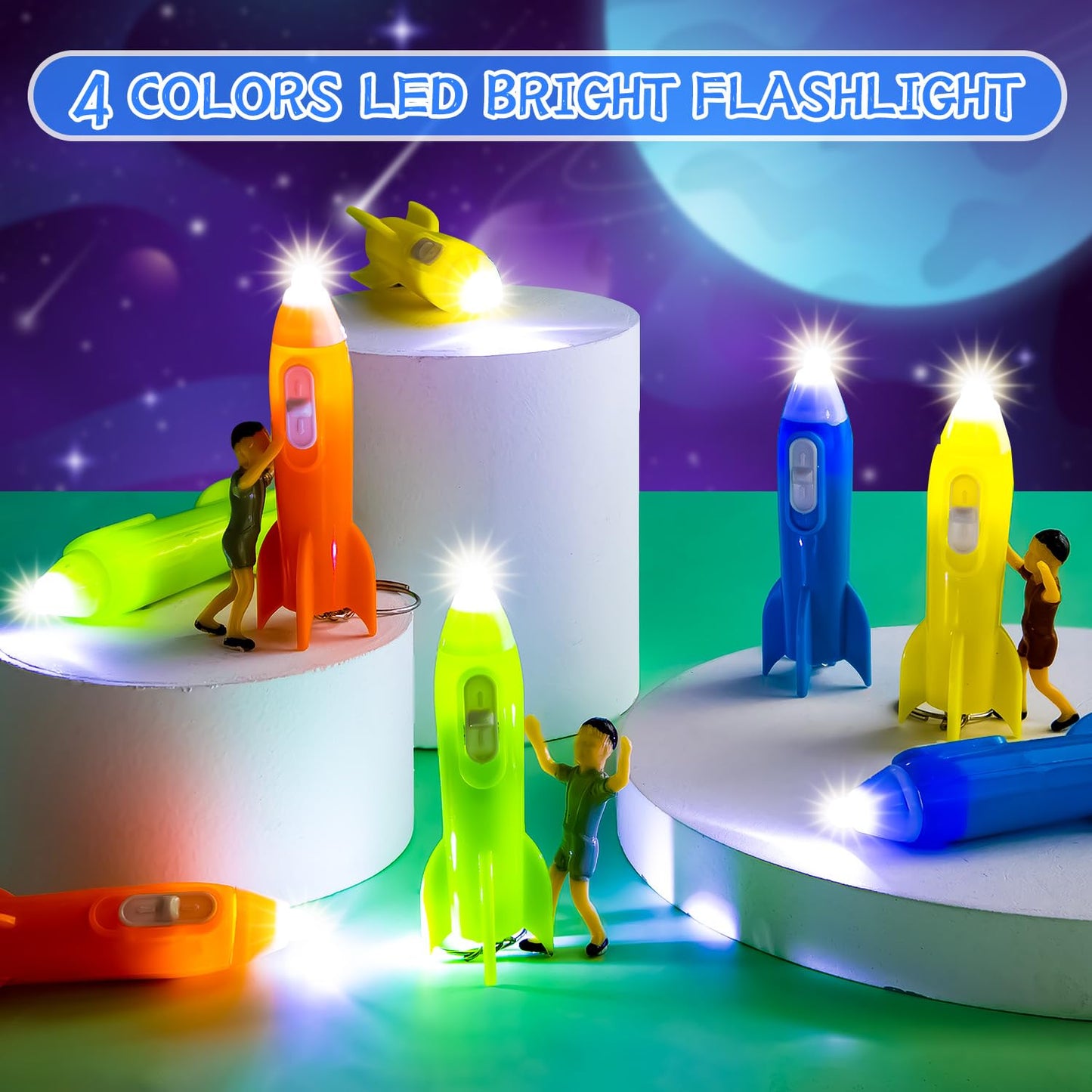 ZMLTLMG 36 Pcs Mini Rocket Keychains – 4-Color LED Flashlights for Party Favors