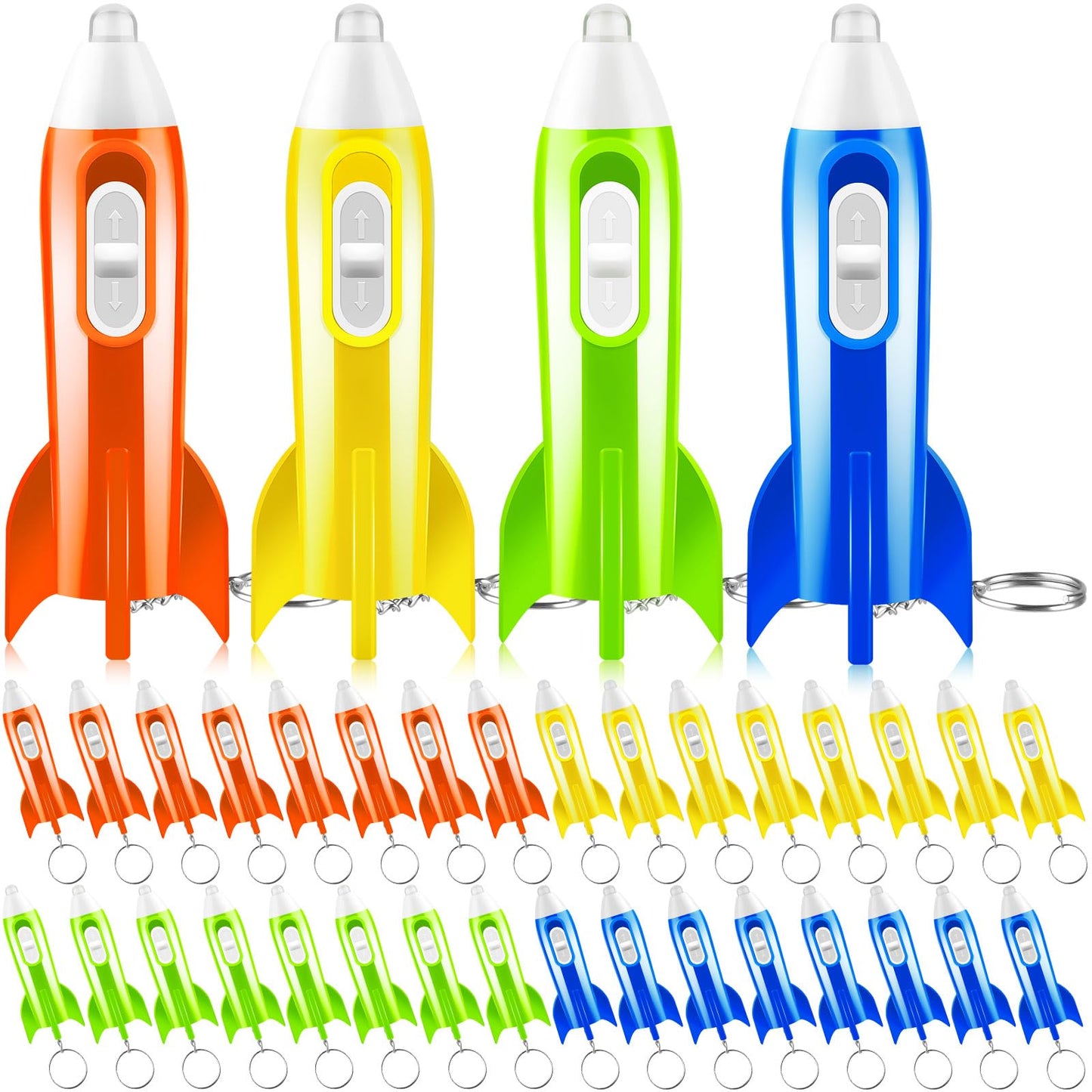 ZMLTLMG 36 Pcs Mini Rocket Keychains – 4-Color LED Flashlights for Party Favors