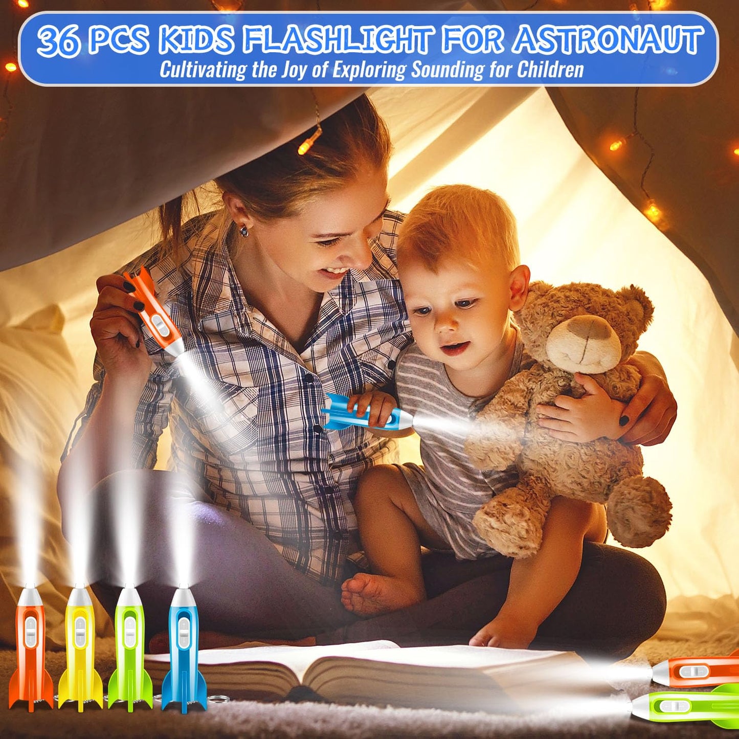 ZMLTLMG 36 Pcs Mini Rocket Keychains – 4-Color LED Flashlights for Party Favors