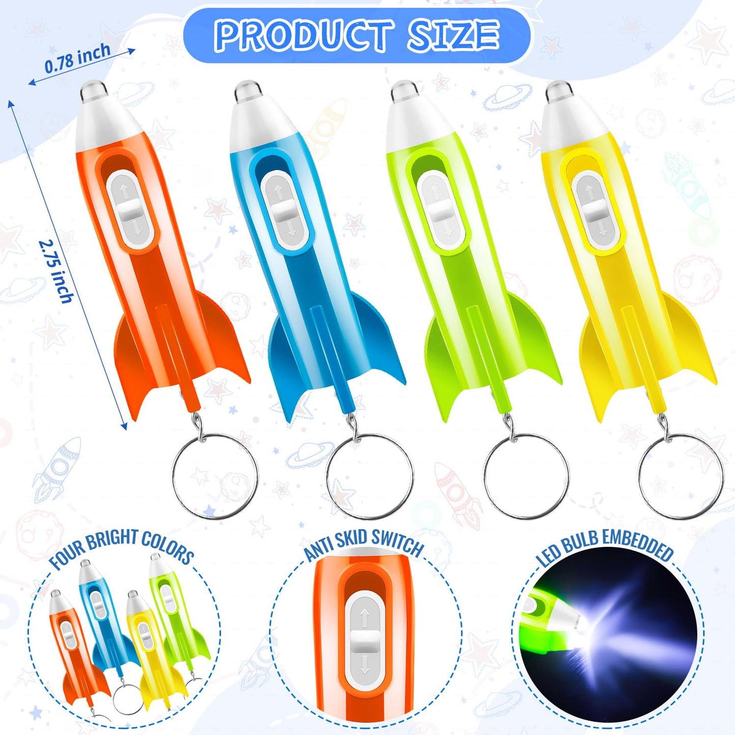 ZMLTLMG 36 Pcs Mini Rocket Keychains – 4-Color LED Flashlights for Party Favors