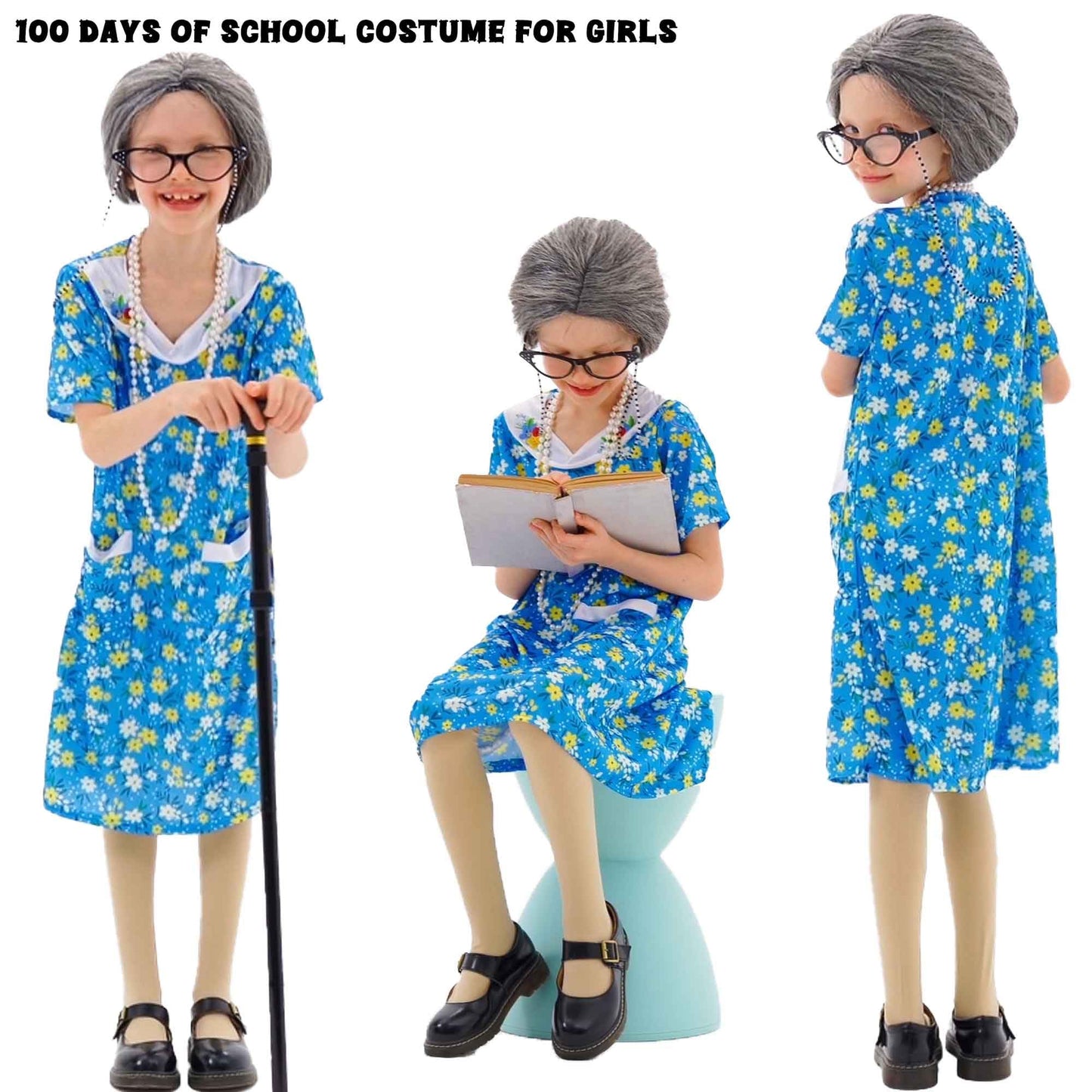 Znorso Old Lady Costume Kit for 100 Days of School & Halloween – Dress, Wig, Cane & More