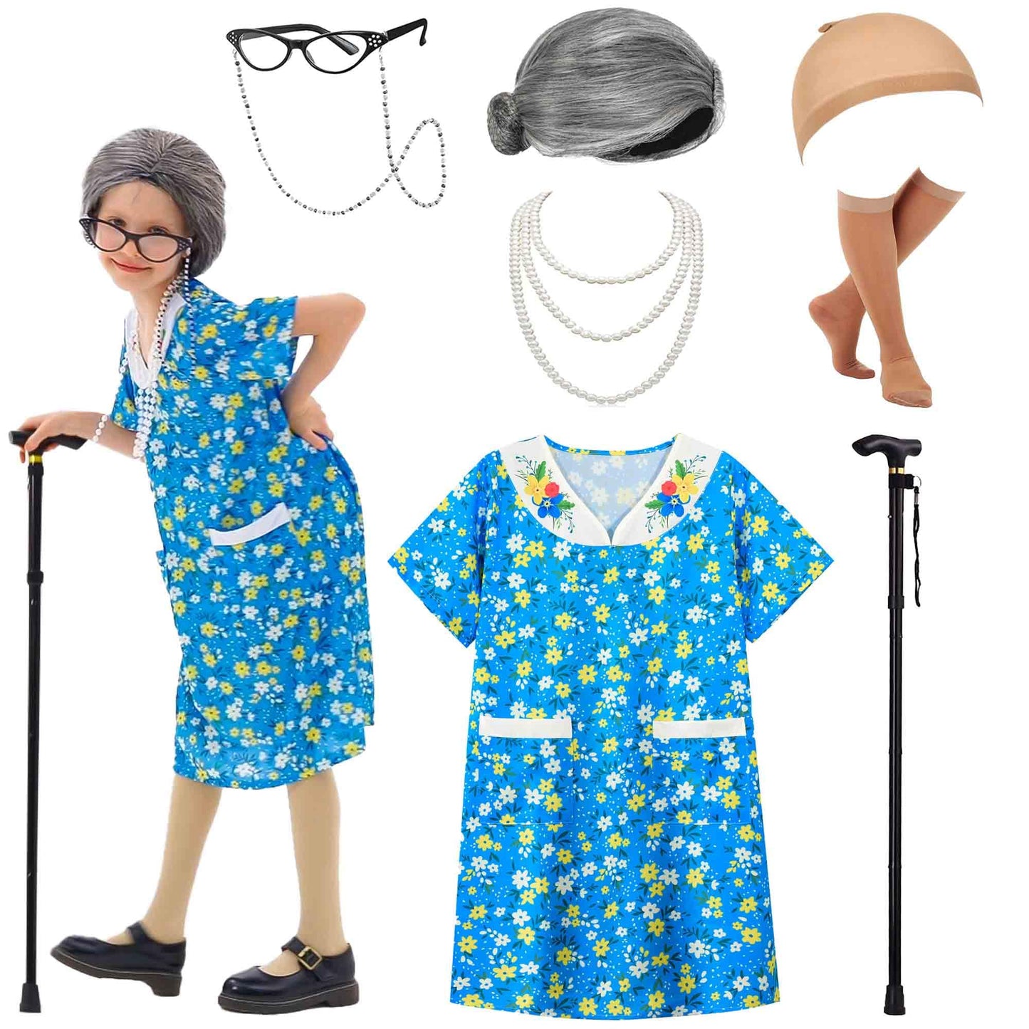 Znorso Old Lady Costume Kit for 100 Days of School & Halloween – Dress, Wig, Cane & More