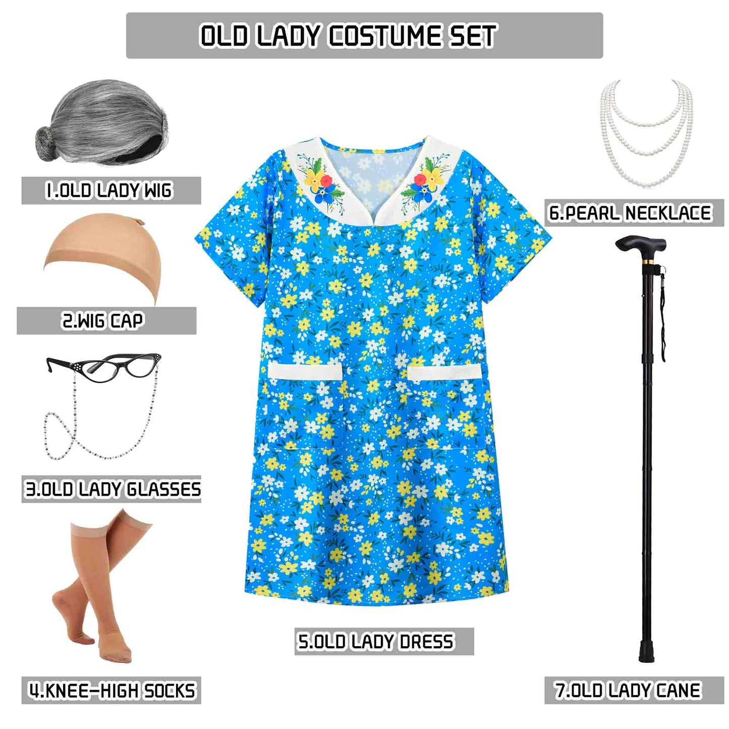 Znorso Old Lady Costume Kit for 100 Days of School & Halloween – Dress, Wig, Cane & More