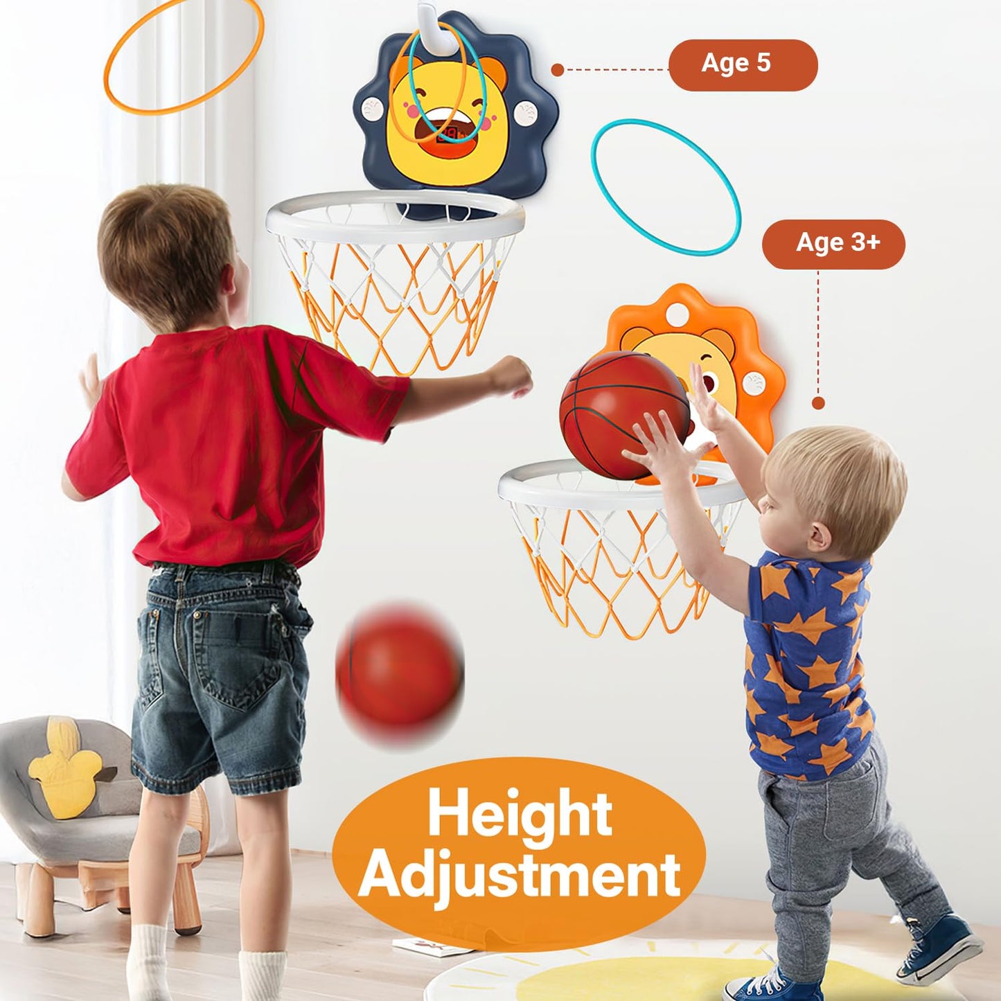 ZOENMG Toddler Basketball Hoop Indoor Toy – Adjustable Height & Portable Scoreboard (Orange, Large)