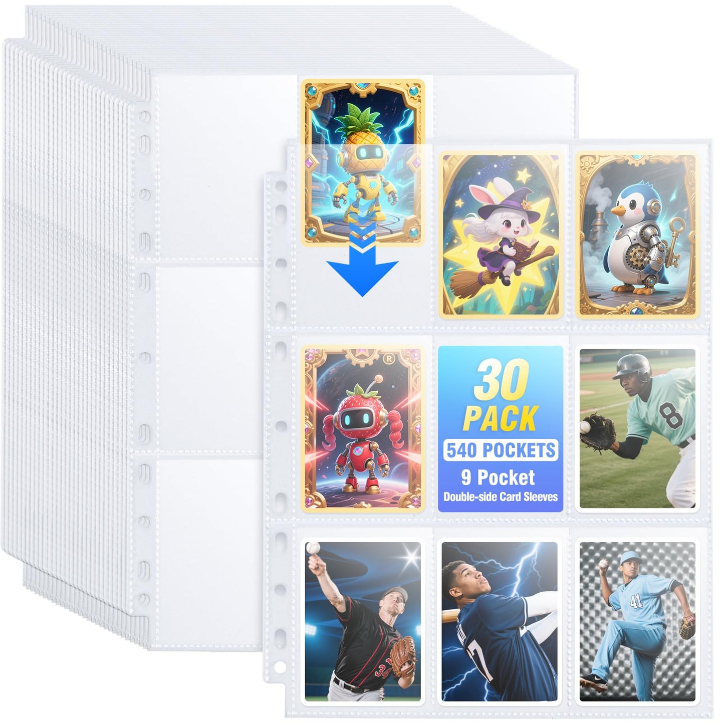 Zofly 30-Pack 540-Pocket Binder Pages — Double-Sided 9-Pocket Card Sleeves