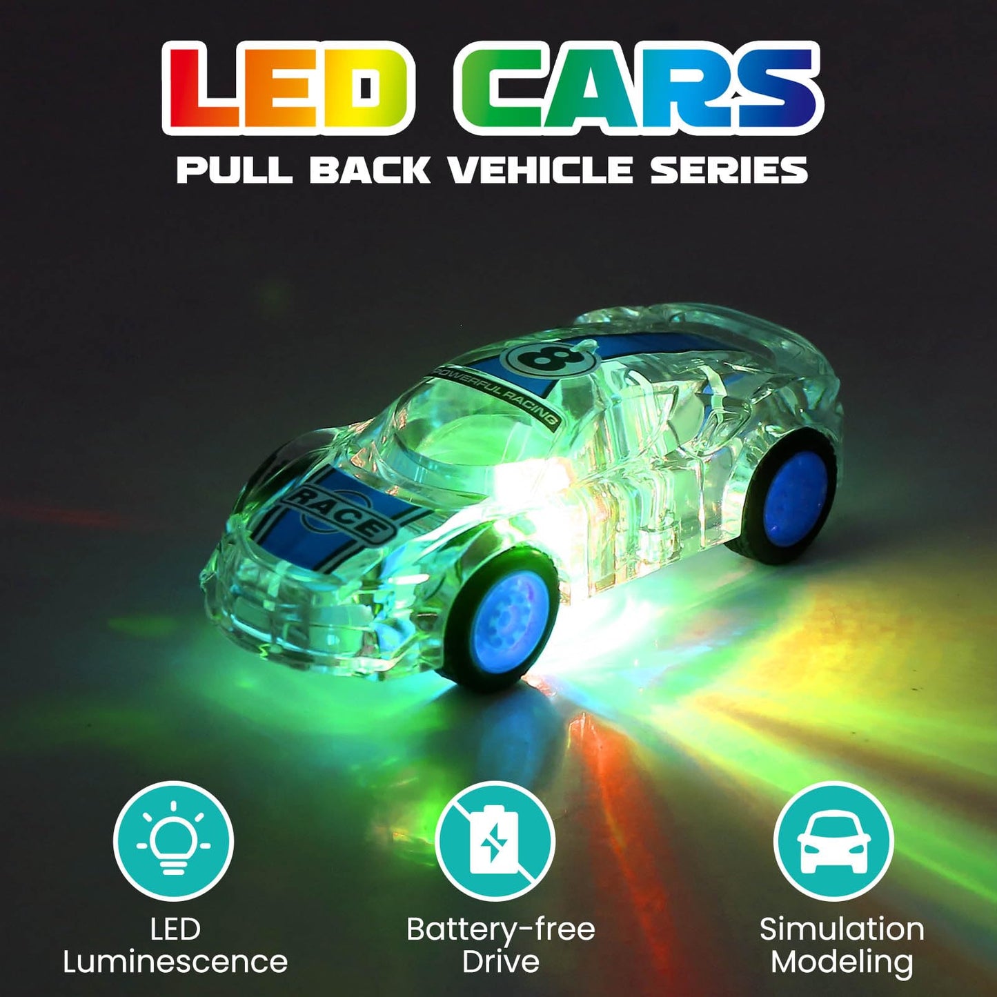 ZOHANINDL LED Light Up Pull Back Car Toys (2 Pack) – Glowing Race Cars for Kids 3–8 | Batteries Included