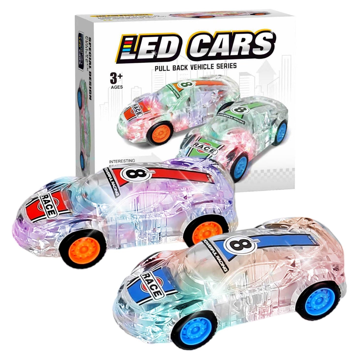 ZOHANINDL LED Light Up Pull Back Car Toys (2 Pack) – Glowing Race Cars for Kids 3–8 | Batteries Included
