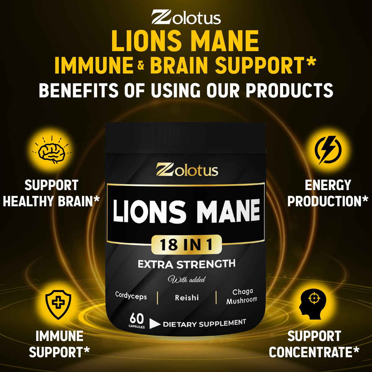 Zolotus Lions Mane Capsules with Cordyceps – 60 Count | Brain & Immune Support