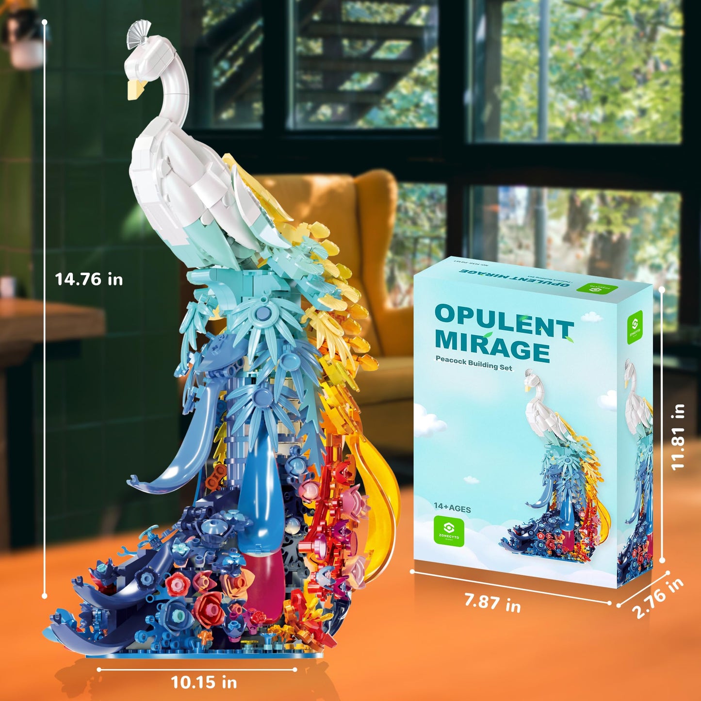 ZONECYTD Peacock Building Set with Floral Base and LED Lights – 1000+ ABS Bricks for Home Decor