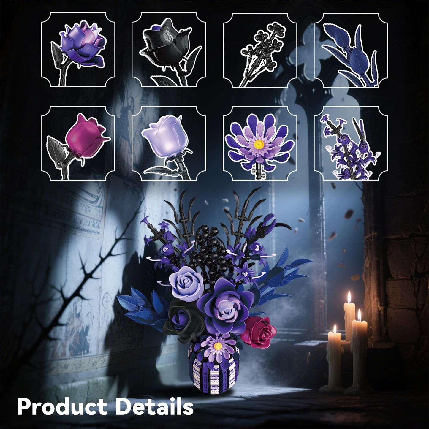 ZONECYTD Purple Gothic Rose Bouquet Building Set – LEGO Botanical Compatible, Home Office Decor