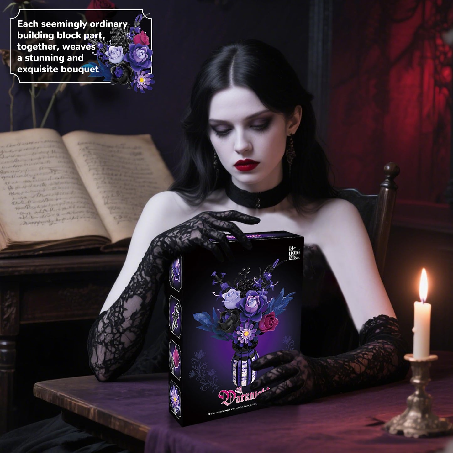 ZONECYTD Purple Gothic Rose Bouquet Building Set – LEGO Botanical Compatible, Home Office Decor