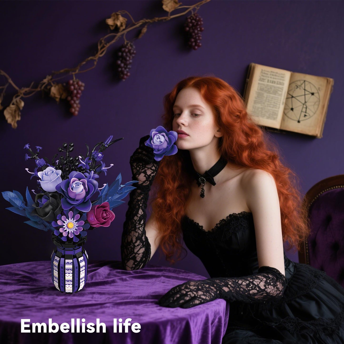 ZONECYTD Purple Gothic Rose Bouquet Building Set – LEGO Botanical Compatible, Home Office Decor