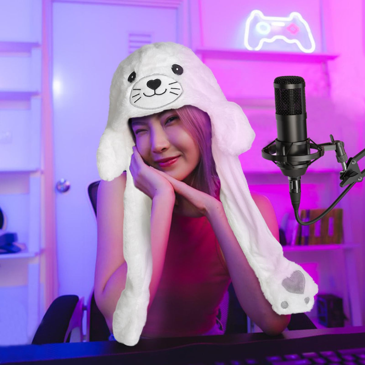 ZONESTA Plush Ear Moving Hat | Cute Fluffy Seal Hat for Kids & Adults