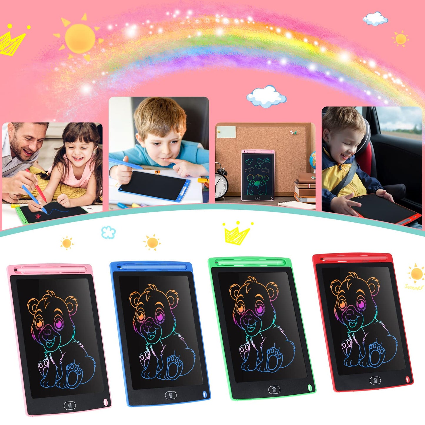 Zonon 4 Pcs LCD Writing Tablet 8.5 Inch – Doodle Board, Reusable Colorful Screen