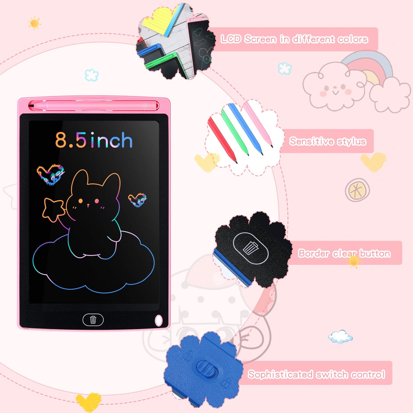 Zonon 4 Pcs LCD Writing Tablet 8.5 Inch – Doodle Board, Reusable Colorful Screen