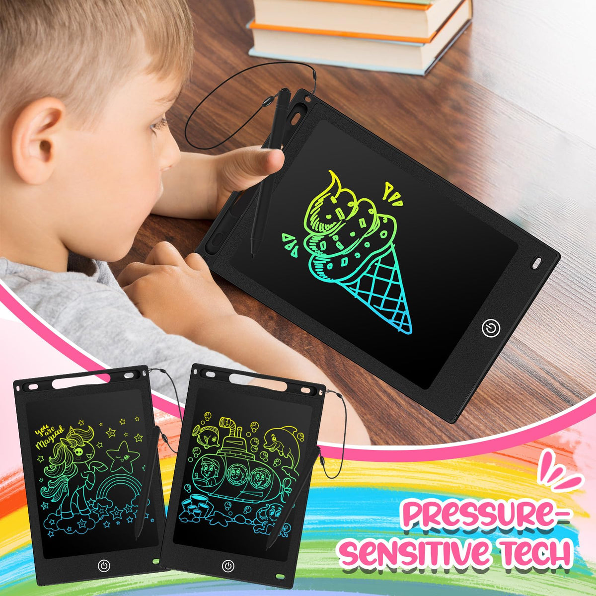 Zonon 4 Pcs LCD Writing Tablet – 8.5-Inch Doodle Board, Reusable Colorful Screen, Erasable