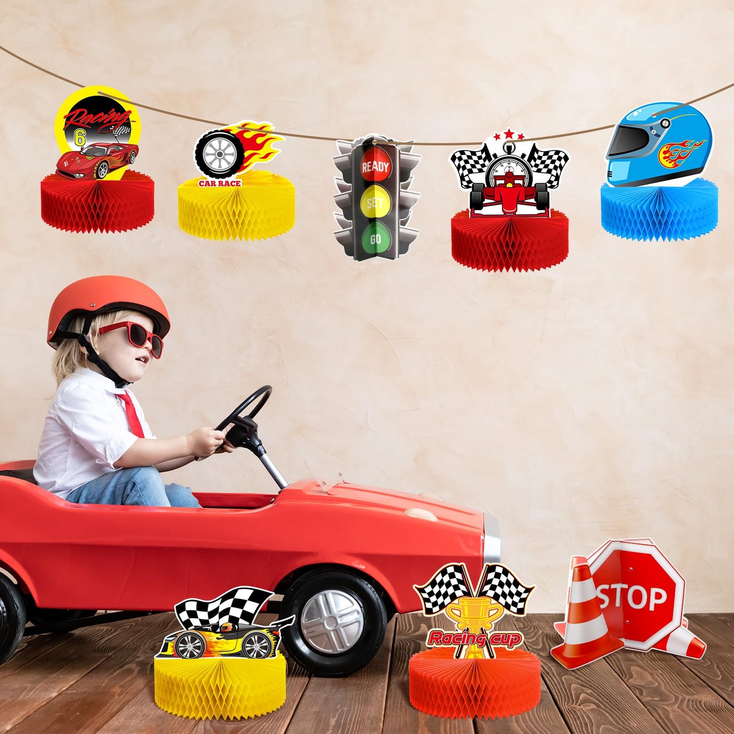 Zonon 9-Piece Race Car Party Decorations | Honeycomb Centerpieces & Let's Go Racing Theme